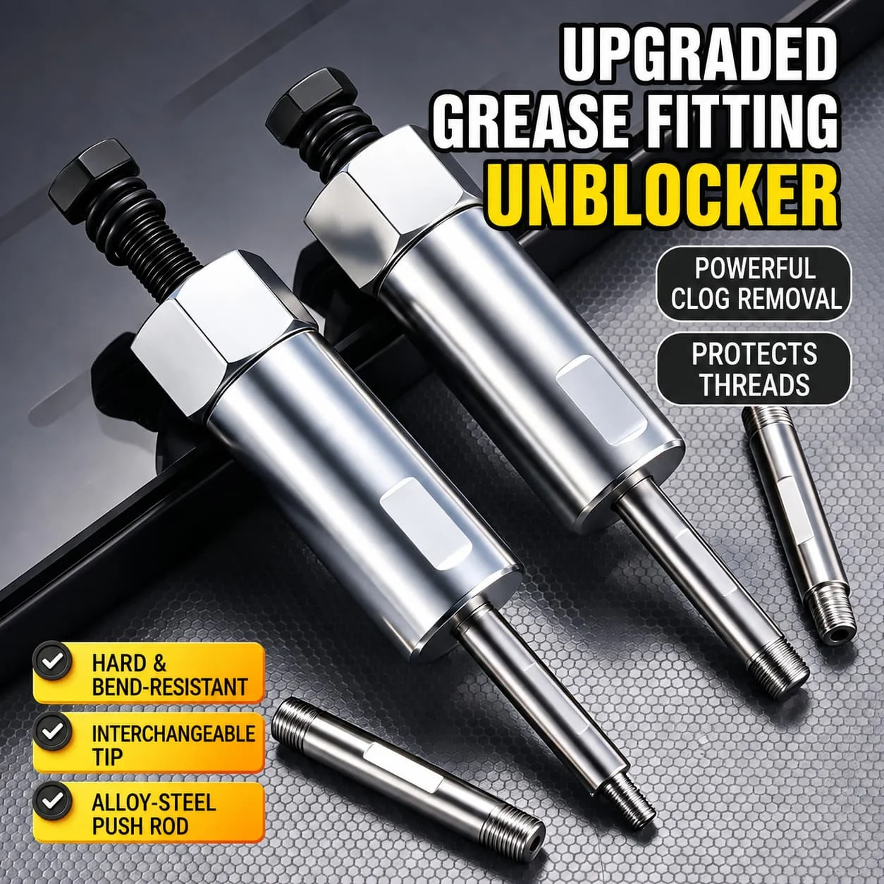 Grease Fitting Unblocker Tool with 6/8/10mm Push Rods, Alloy Steel Grease Zerk Cleaner for Auto & Farm Equipment