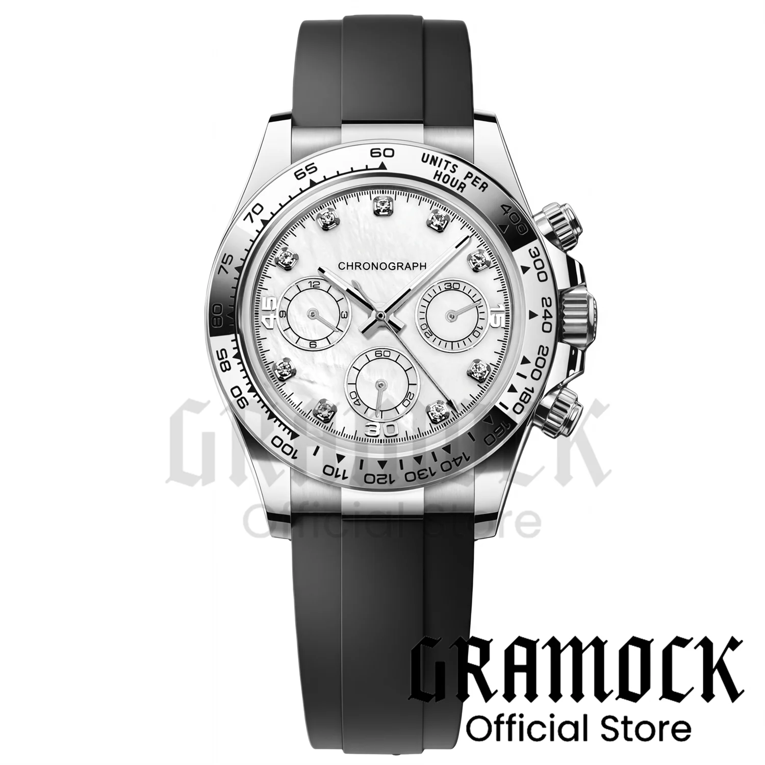 

39MM Stainless Steel Silver VK63 Quartz Men Watch Pearl Shell Dial Rubber Glide Strap 5ATM Waterproof Chronograph Watch For Men