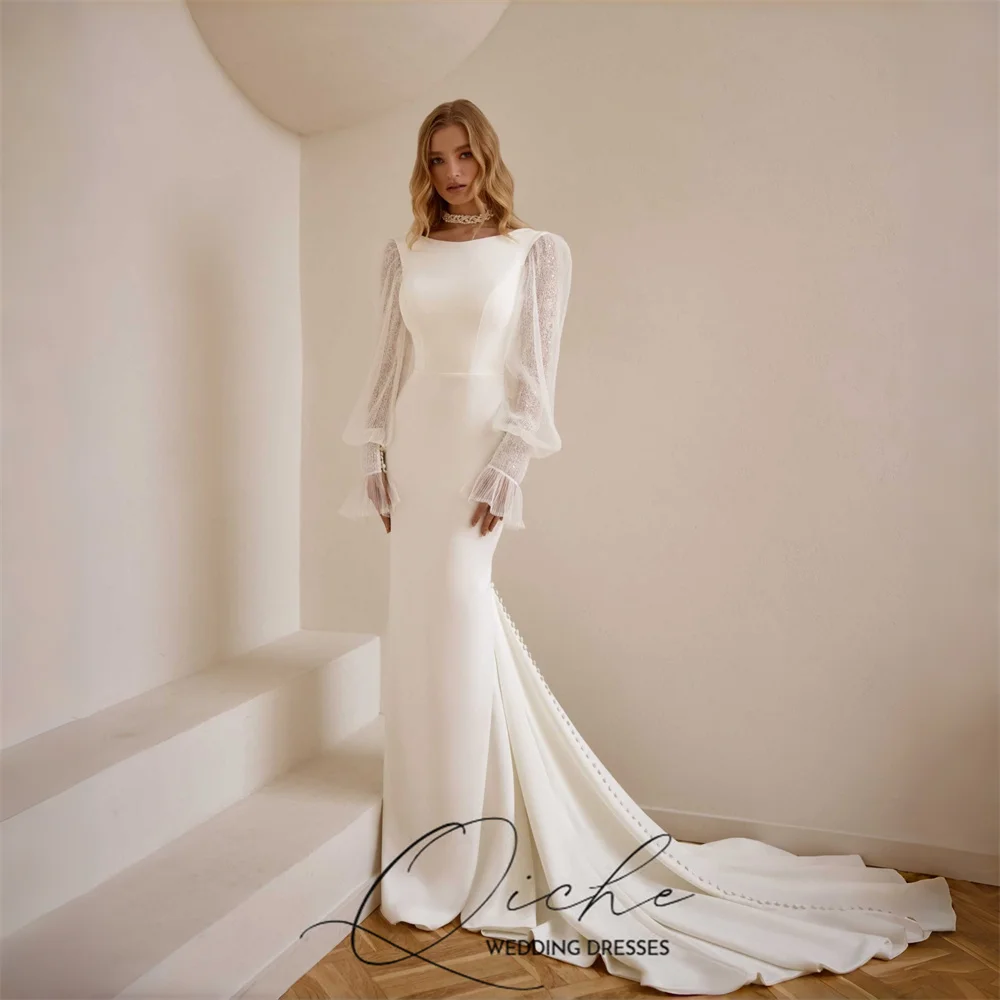 QICHE Modern Long Sleeves Mermaid Wedding Dresses Women 2026 O-Neck Lace Open Back Bridal Gowns Vestidos De Noiva Customized