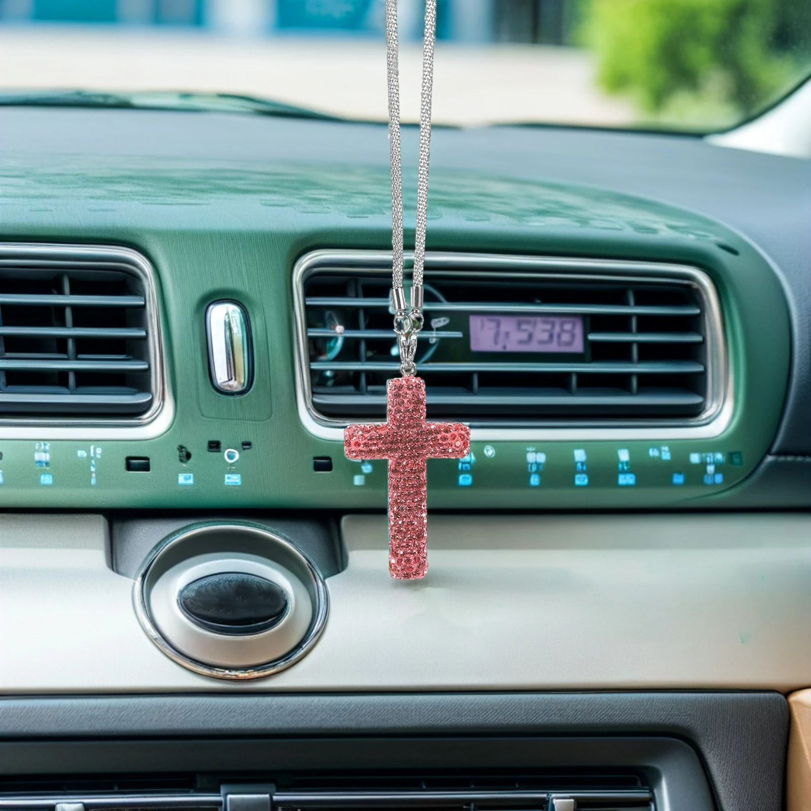 

2pcs Diamond Cross Pendant Car Interior Decoration Stainless Steel Mirror Hanging Ornament Durable Rhinestone Car Rearview