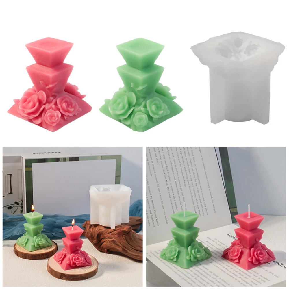 Beautiful Flower Geometry Pagoda Candle Resin Silicone Mold Plant Soap Making Set Valentine's Day Rose Column Wedding Cake Decor