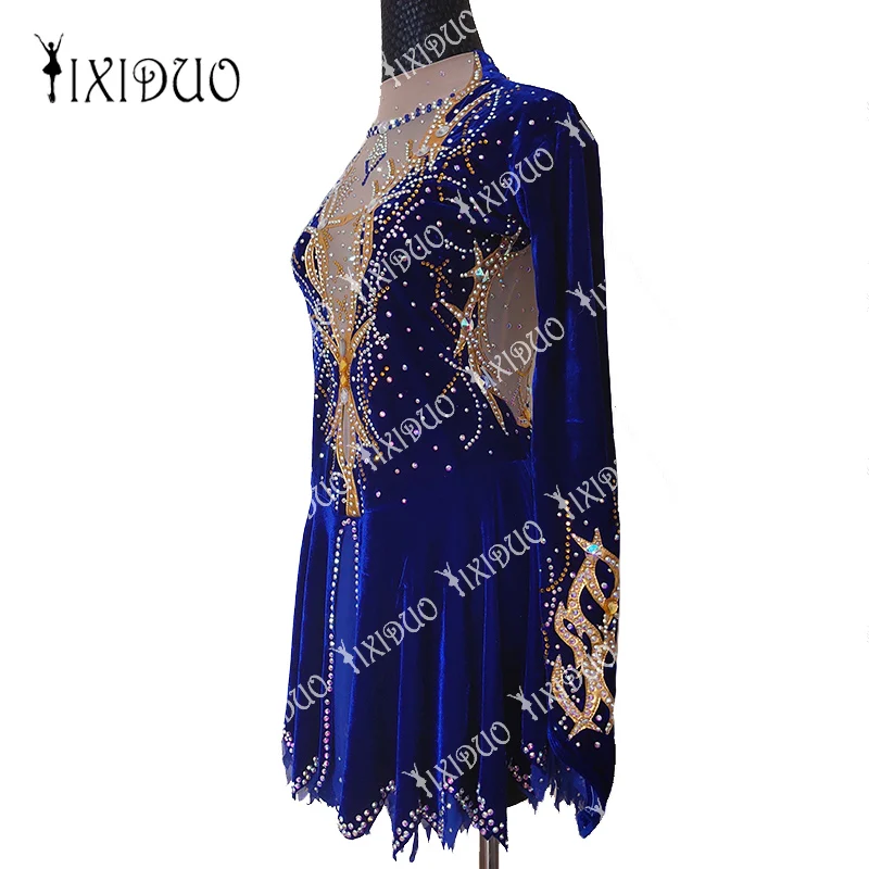 Royal Blue Ice Figure Skating Dress With Handmade Crystal Rhinestone For Women Girls Long Sleeve Competition Performance Wear