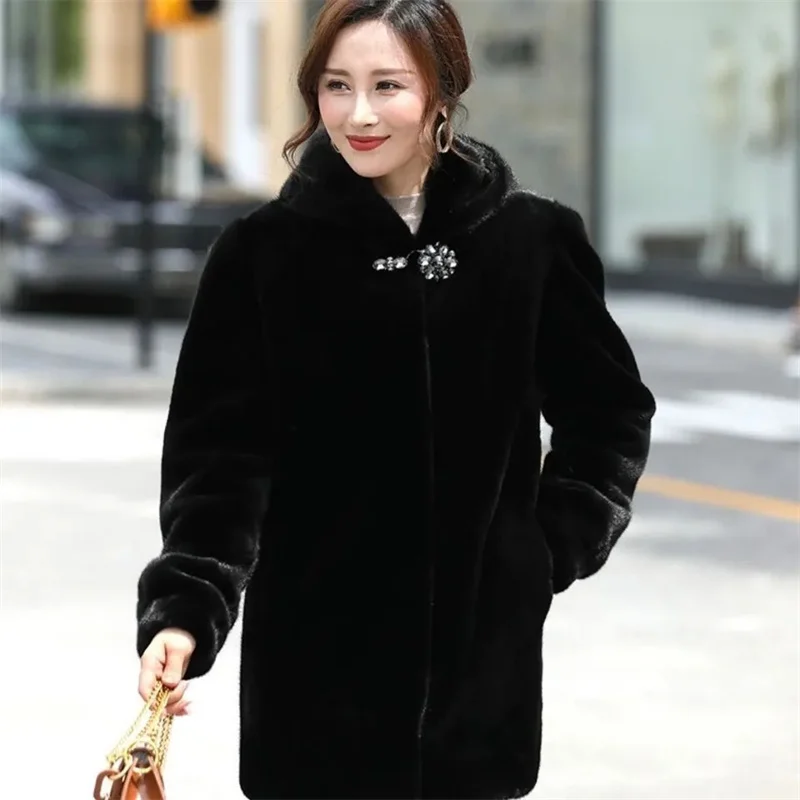 Middle Aged Mother Large Size 6XL Mink Fur Coat Winter Female Medium Long Styles Fur Jacket Lady Fashion Long Sleeves Plush Tops