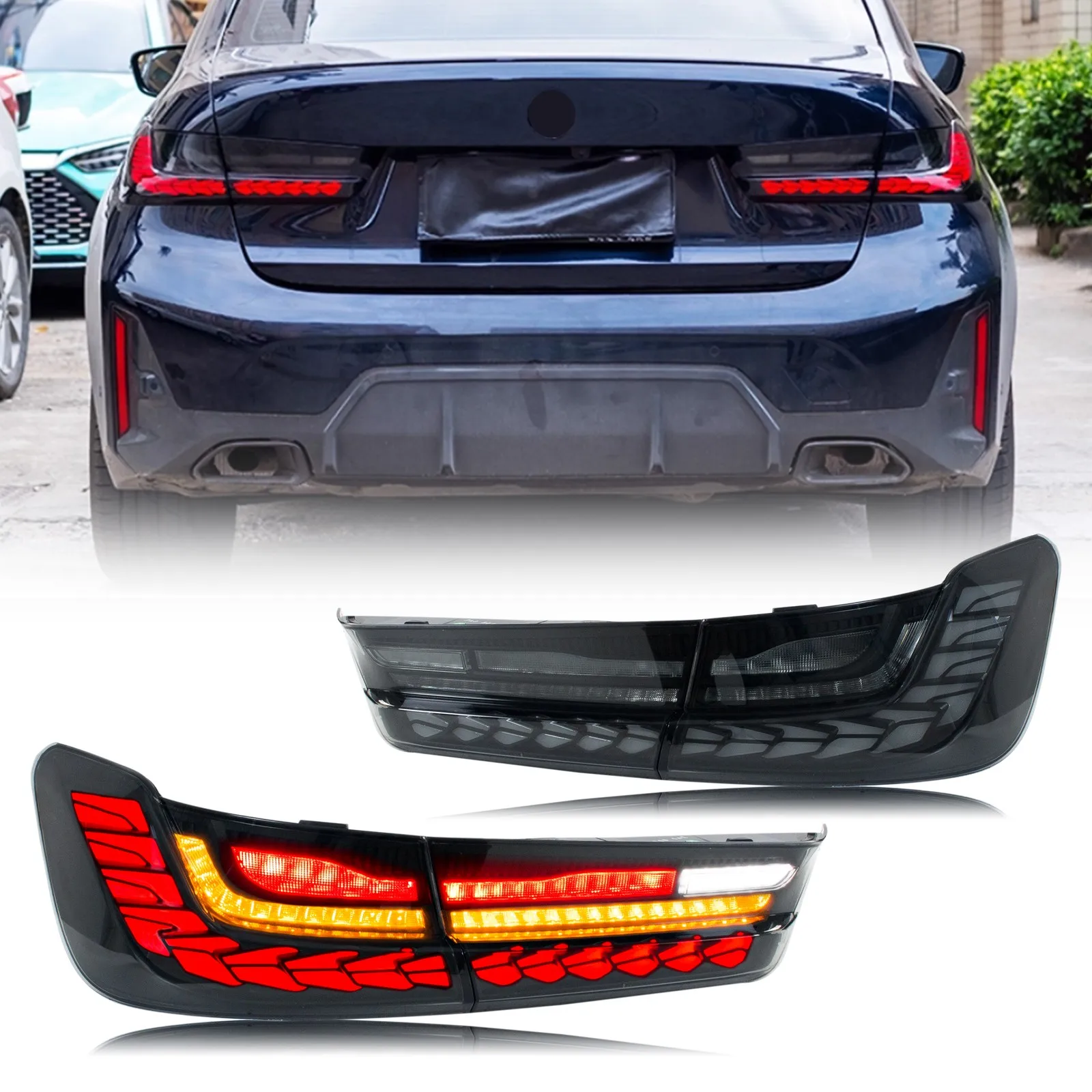 

LED GTS Tail Lights for BMW 3-Series G20 G80 G28 M3 320 330 2019-2026 Sequential Turn Signal Black Rear Lamps Assembly