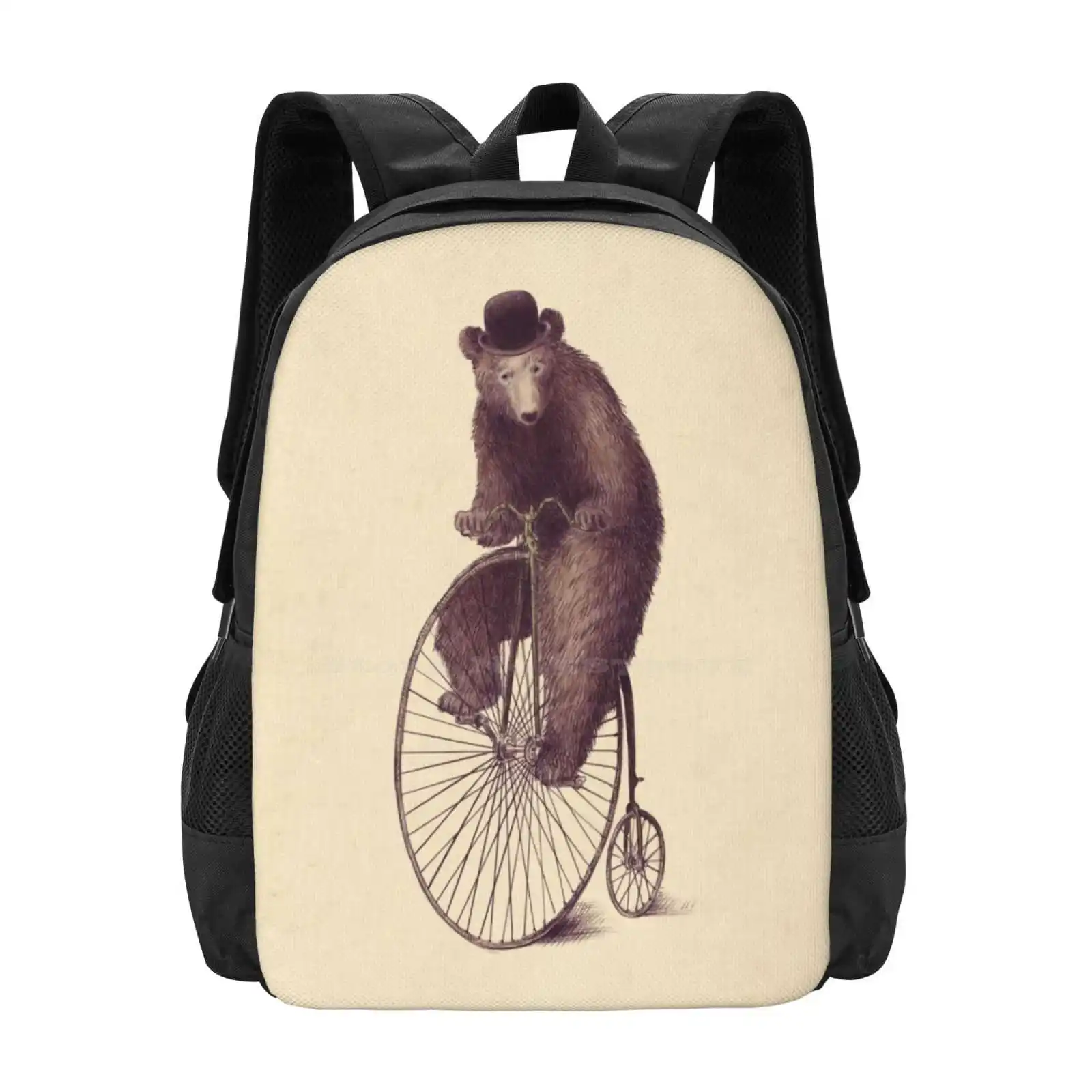 Morning Ride Hot Sale Backpack Fashion Bags Bicycle Penny Farthing Funny Vintage Bowler Hat Animals Whimsical Cute Bear Circus