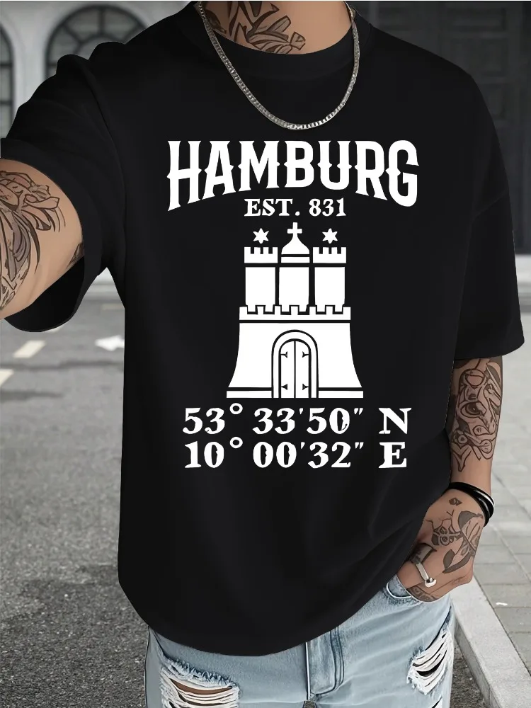 Mens Navy Crew Neck Short Sleeve T Shirt Hamburg City Castle Coordinate Print Vintage Casual Travel Daily Tops For Adult Male