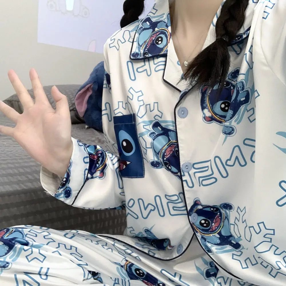 Stitch winter ice silk long-sleeved cartoon pajamas cardigan loose Disney new two-piece set women\'s pajamas loungewear set