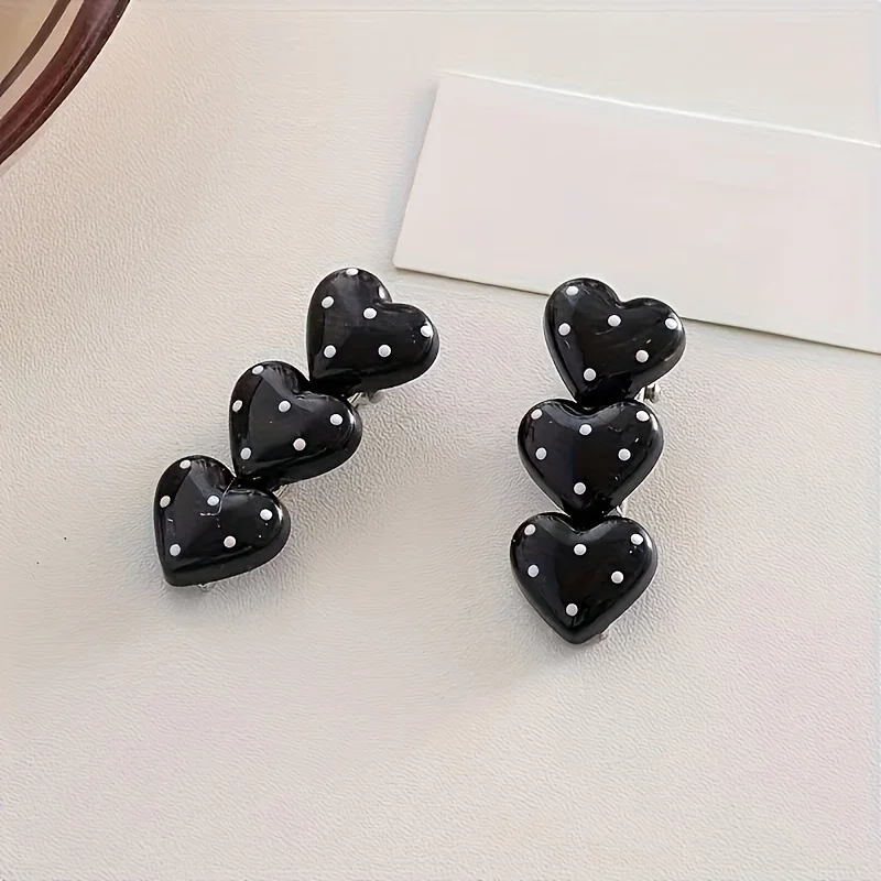 

2pcs Red/White/Black Heart Polka Dot Hair Clips! Sweet, Elegant, and Simple Style, with a Duckbill Clip Design for Side Bangs