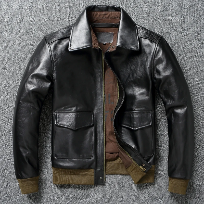

Men's Bomber Jacket Tea Core Horse Leather Cropped Motorcycle Jacket Natural Leather Loose Coat Military Men's Leather Jacket