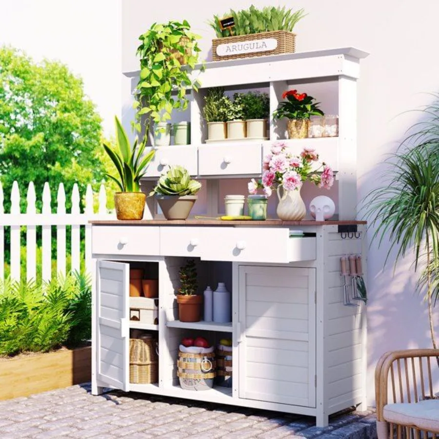 

[Assembly Video Provided] 65.7'' H Tall Garden Potting Bench Table with Hutch Patio Storage Workstation with 3 Shelves 6 Drawer