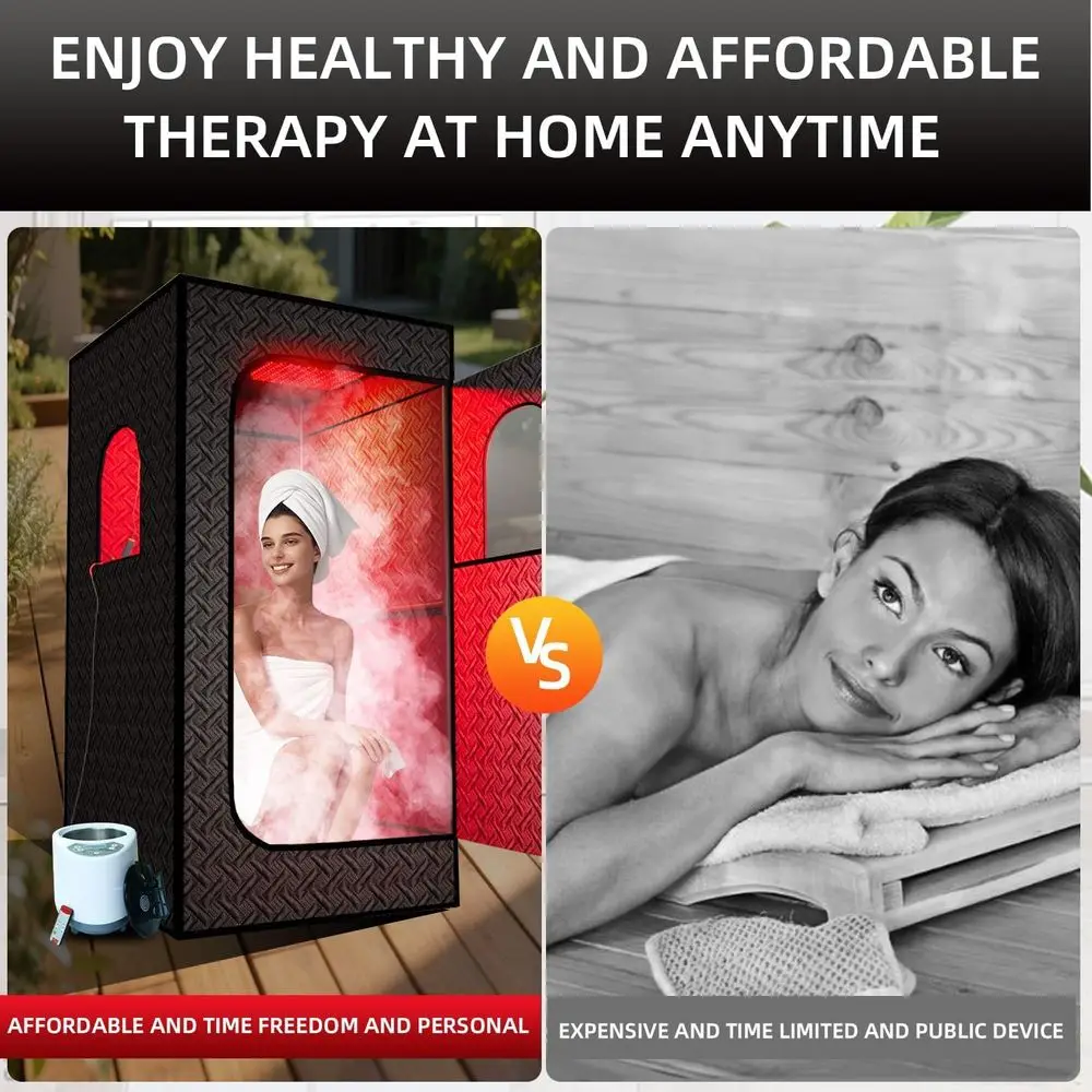 Indoor Infrared Sauna with Red Light Therapy, 660 & 850nm Lamps, 3L Steamer, Upgraded Chair and Mat, 72x36x36, Black