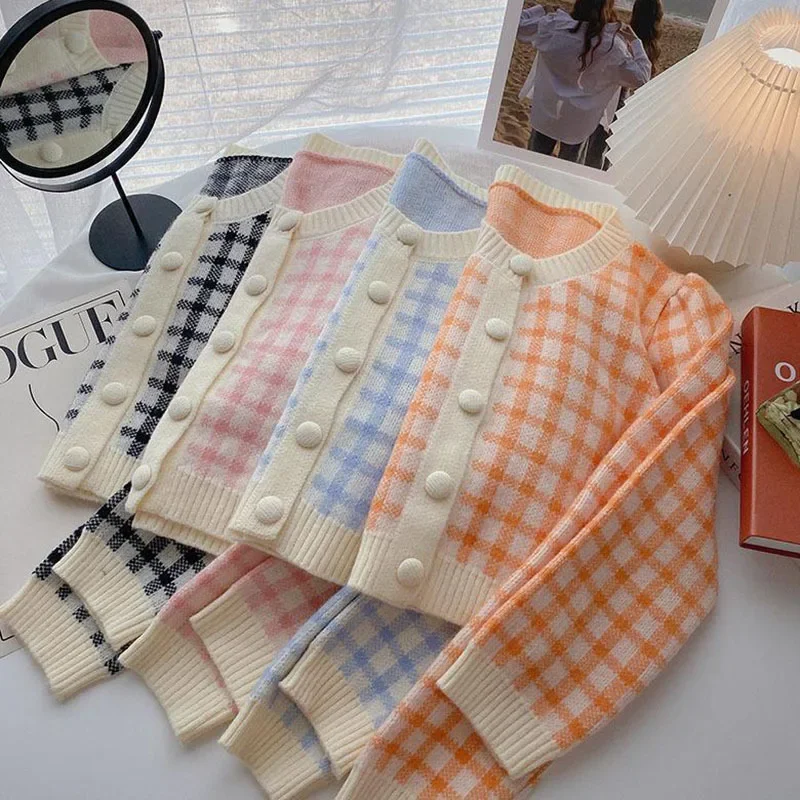 Smvp 2024 AutumnWinter New Korean Sweet Plaid Long-sleeved Knit Outerwear Woman Lady's Sweater Cardigans O-neck Cropped Knitwear
