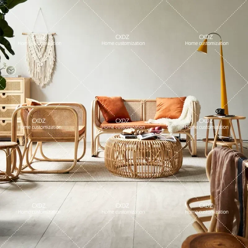 Rattan Chair and Sofa Set with Small Coffee Table for Courtyard Indoor Living Room Furniture Bungalow Style Wicker Seating