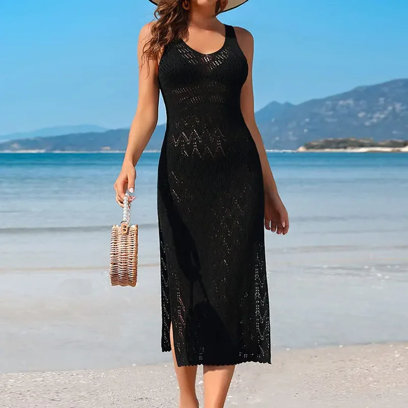 Women's Loose Long Solid Color Side Split Knitted Blouse Fashionable Beach Cover up Top Hollow Sunscreen Hollow out Blouse