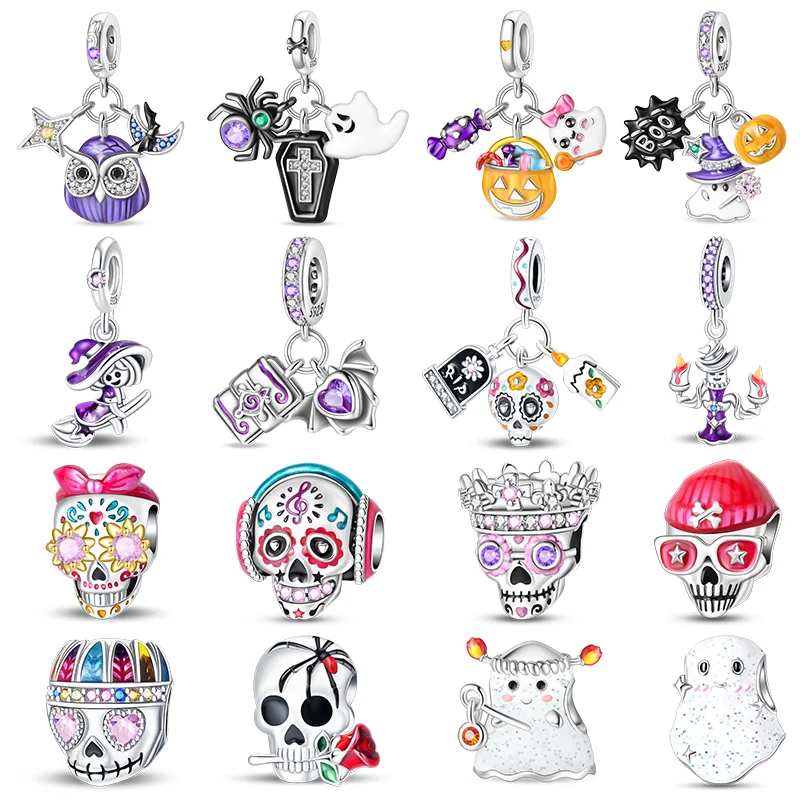 Charm-Perlen aus 925er-Sterlingsilber, modisch, Halloween, Süßigkeiten, Trick- oder Treater, Totenkopf-Eule, passend für Original-Armbänder der Marke, DIY-Schmuck, Geschenk