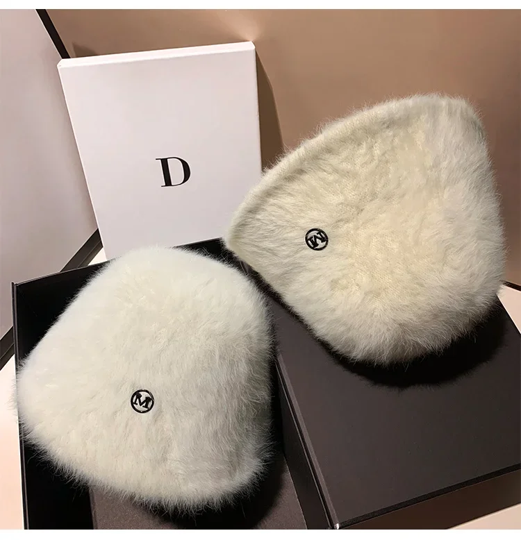 Korea Designer M Eimer Hut Frau Warme Plüsch Angola Kaninchen Fell Hut Dame Herbst Winter Ins Mode Becken Hut Retro Flauschigen Panama – Detail 2