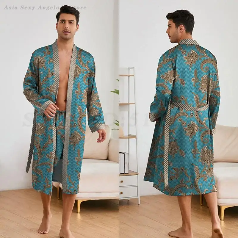 Print Flower Men\'s Sleepwear Long Sleeved Robe Shorts Pijamas Set Loose Casual Bathrobe Kimono 2025 Spring Summer 2PCS Pyjamas