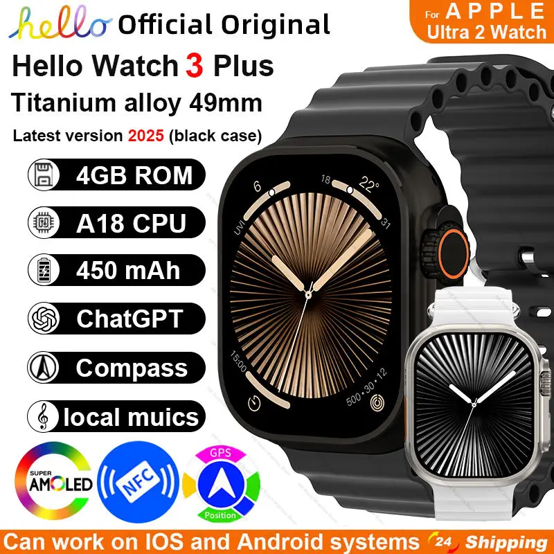 

Умные часы 2025 Официальный оригинальный Hello Watch 3 Plus ULTRA 2 AMOLED 4G ROM NFC ChatGPT GPS Компас Bluetooth Вызов 49 мм Часы Мужчины
