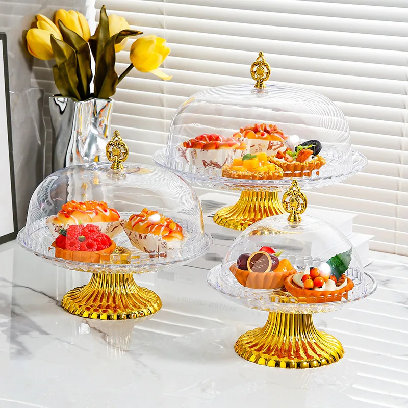 Footed Luxury Cupcakes Serving Plate with Clear Dome Cover Dustproof Snack Fruit Display Rack Wedding Party Tableware