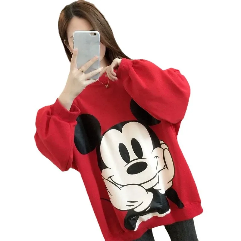 Cartoon Anime Mickey Print Loose Sweatshirt Autumn Winter Cartoon Velvet Pullover Top Plus Size Hoodie Korea Popular KnittedTopS