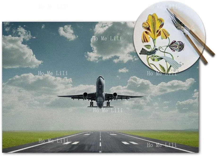 Airplane Landing Under Blue Sky And White Clouds Placemats Heat Resistant For Dining Table