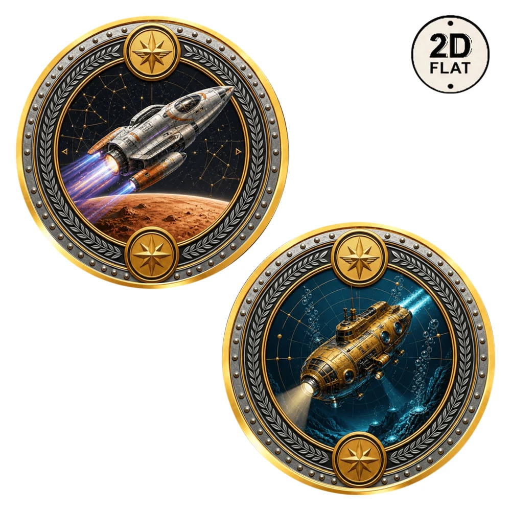 1pc Space Rocket & Deep Sea Submarine Metal Challenge Coin Outer Space Ocean Explorer Collectible Medal Adventure Lover Gifts