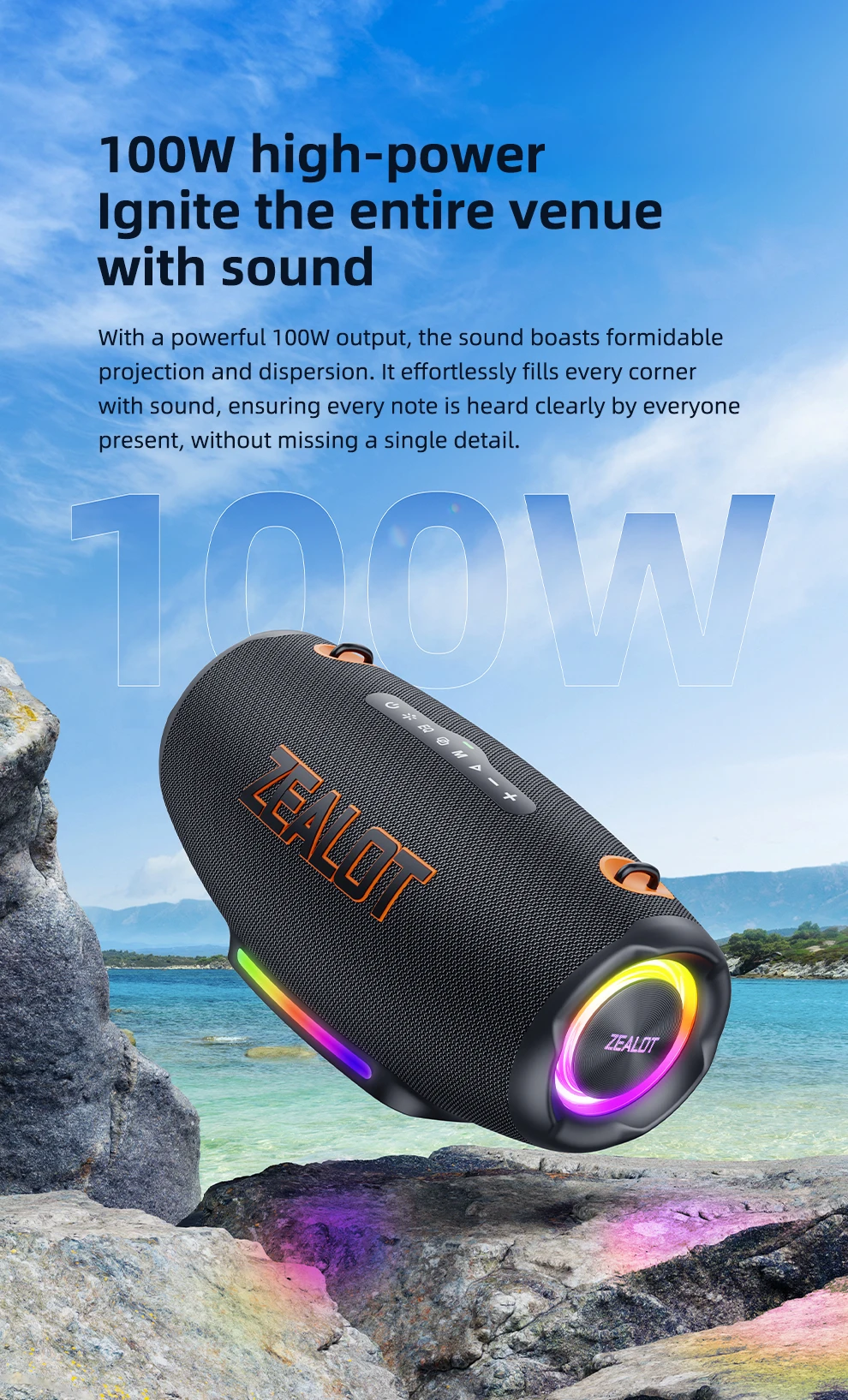 Zealot-S127 100W Tragbarer Subwoofer Bluetooth-Lautsprecher TF-Karte Outdoor-Stereo-Surround Wasserdichter Lautsprecher Kabellose Soundbox – Detail 4