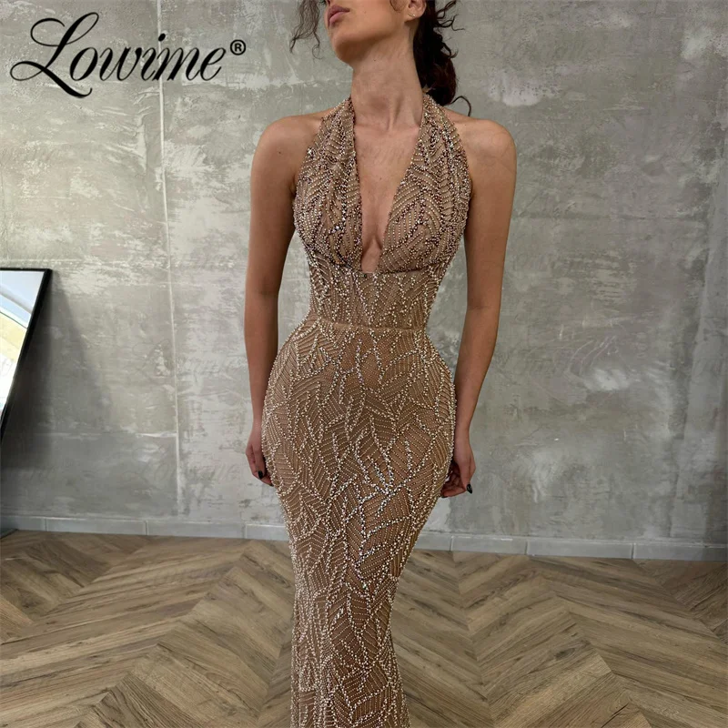 Lowime On Sale 2024 Brown Beads Sequined Party Dress Halter V Neck Sexy Prom Gown Customize Mermaid Women Evening Dresses Cheap