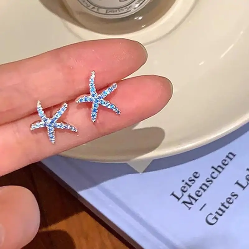 Fashionable Summer Blue Full Diamond Starfish Ear Studs Sweet Small Stud Earrings For Women Girls Beach Party Jewelry Gift