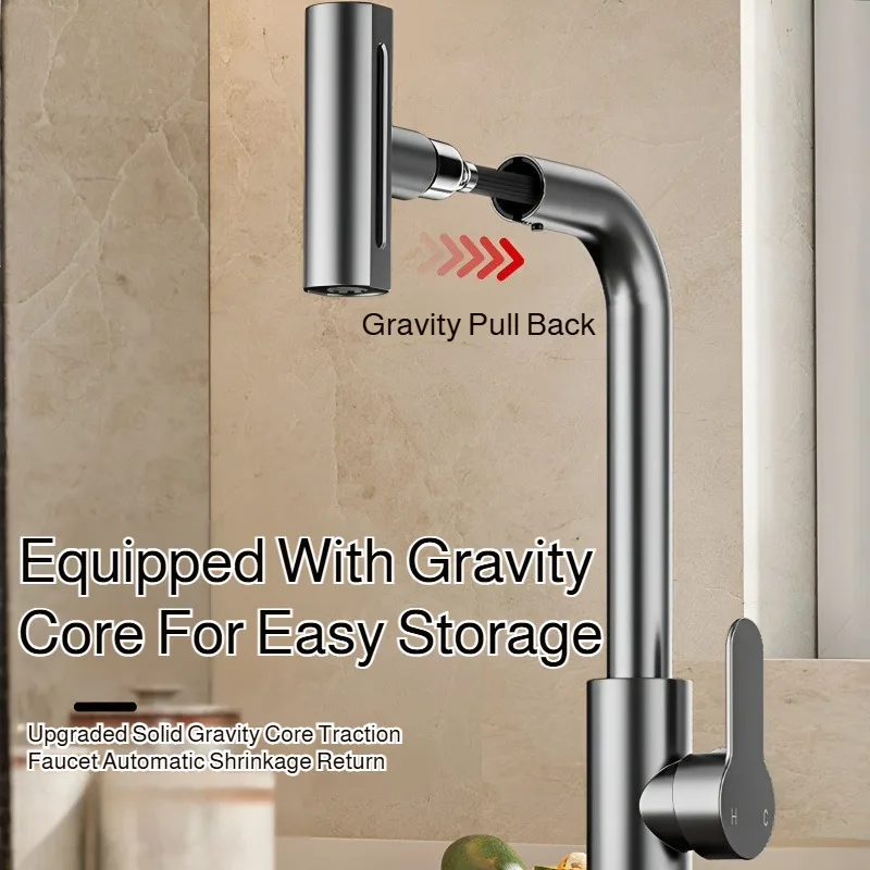 Pull Down Kitchen Faucet 4 Spray Modes Waterfall Spout High Arc Modern Design Stainless Steel Deck Mount Sink Faucet for Home
