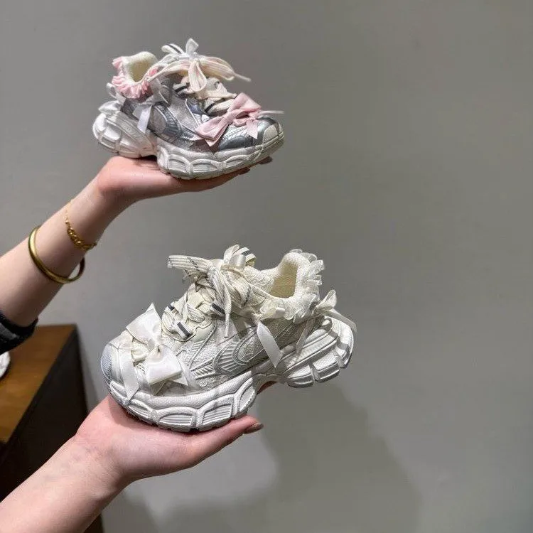 New Designer Bow Fashion Lace Edge Casual Shoes Children Chunky Heel Platform Increasing Sneakers Tennis Girls Sport Daddy Shoes