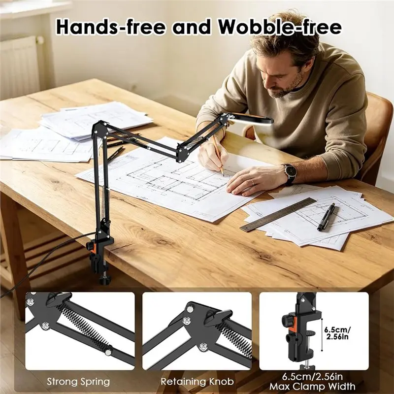 ABWR-Magnifying Glass With Light And Stand 12X, Long Swing Arm Magnifier Lamp Hands Free For Close Work EU Plug