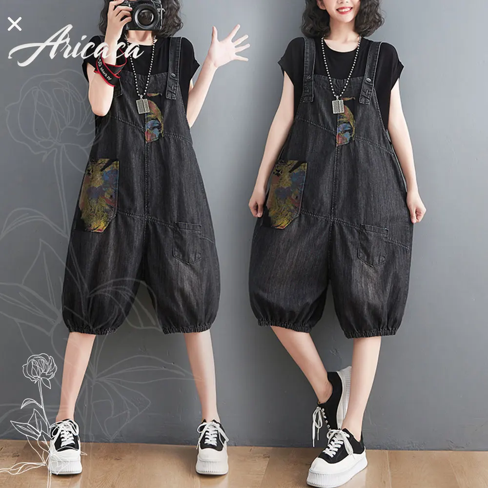 

Aricaca Vintage High Waist Denim Overalls Women Summer Streetwear Straps Jeans Jumpsuit