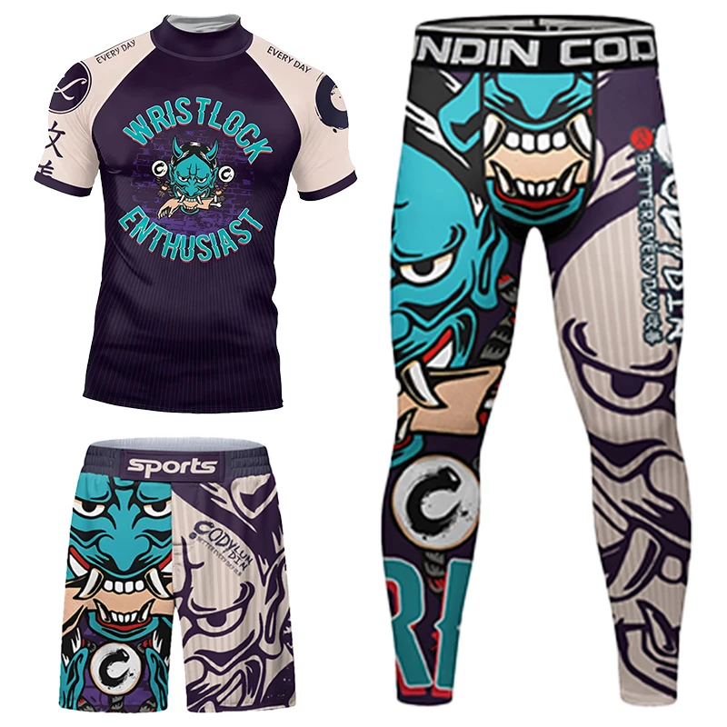 Tiger Rashguard Jiu Jitsu MMA T-shirt Pant 4/Pcs Sets Sport MMA Shorts Compression Boxing Jerseys Bjj Rash Guard Wrestling Wear