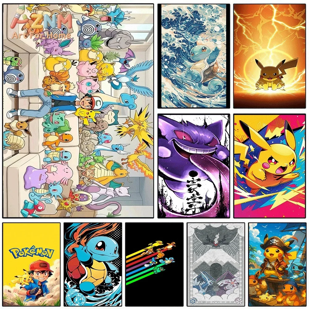 Anime Pokemon Ash Ketchum And Pocket Monsters Canvas Wall Art, Cartoon Character Frameless Canvas Painting for Kids Bedroom Li