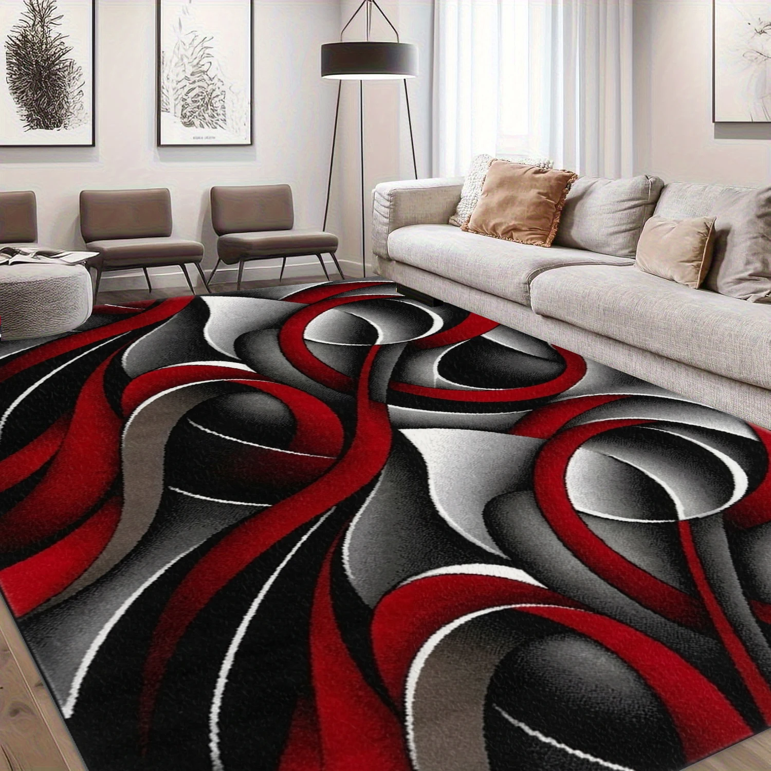 Modern Abstract Red Black Grey Ribbon Art Area Rug Non‑Slip Washable Floor Carpet for Living Room Bedroom Home Decor