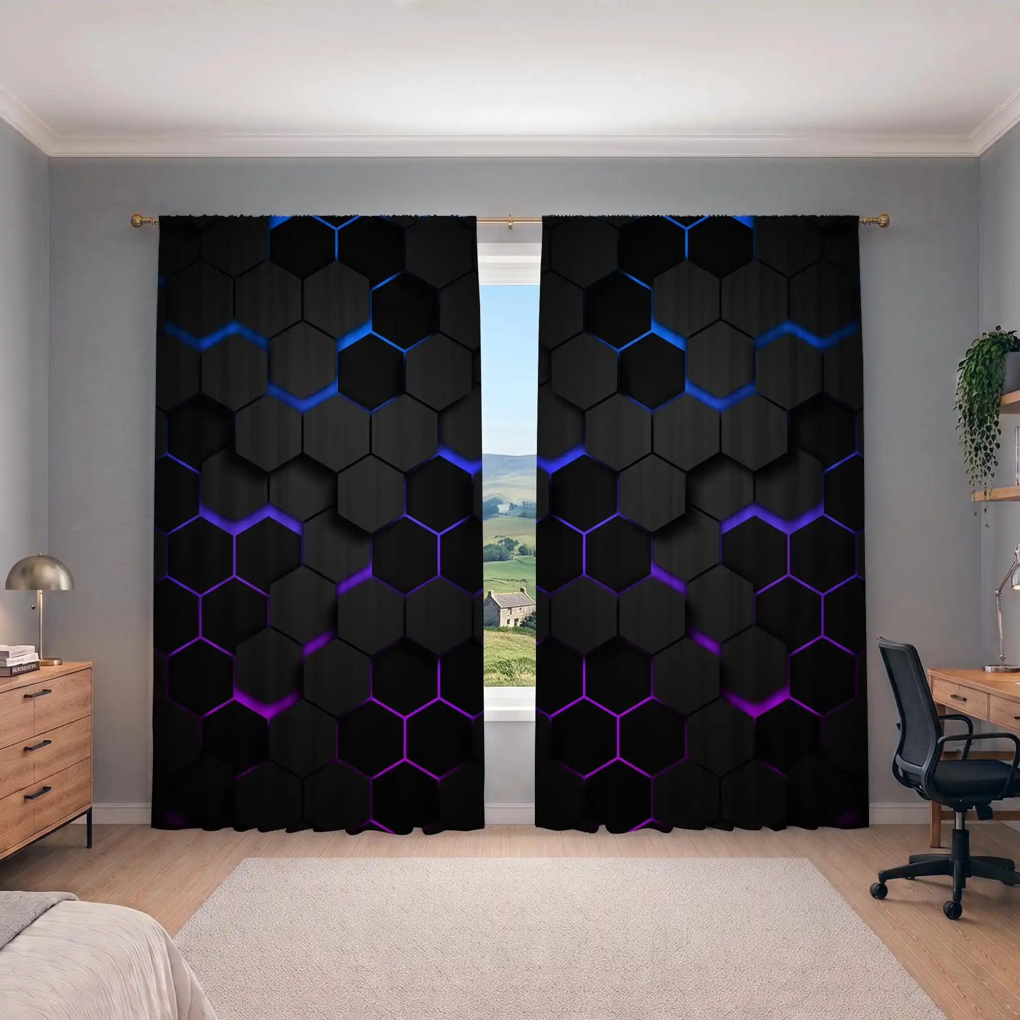 Modern Hexagon Pattern Black and Blue Geometric Living Room Curtains 50 Percent Light Filtering Window Drapes