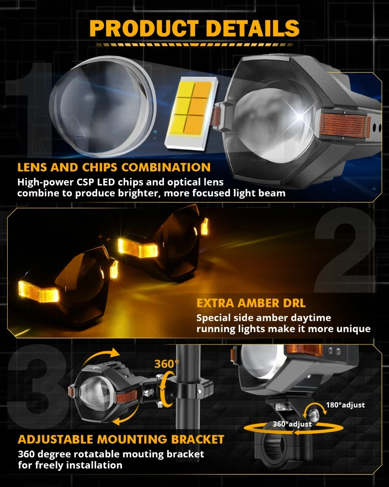 AUXBEAM 3 INCH MOTORCYCLE LED SPOTLIGHT BI-LED PROJECTOR LENS HEADLIGHT 120W DUAL COLOR SWITCHBACK LED WORK LIGHT 3+5 LIGHT MODE