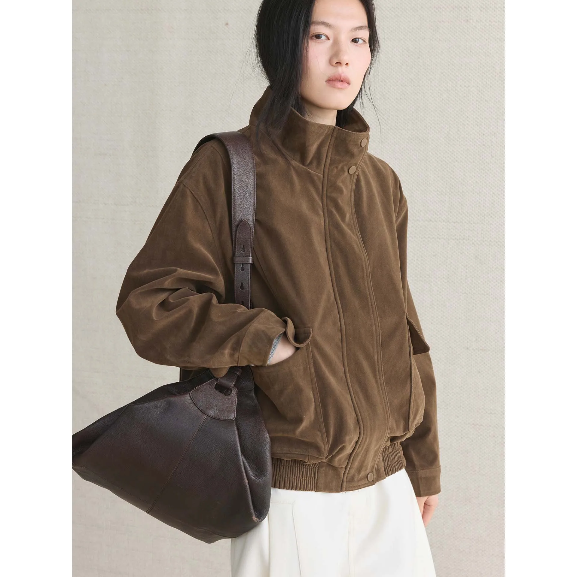 

Winter Retro Zipper Stand Collar Hem Elastic Jacket Loose Fit Coat For Women