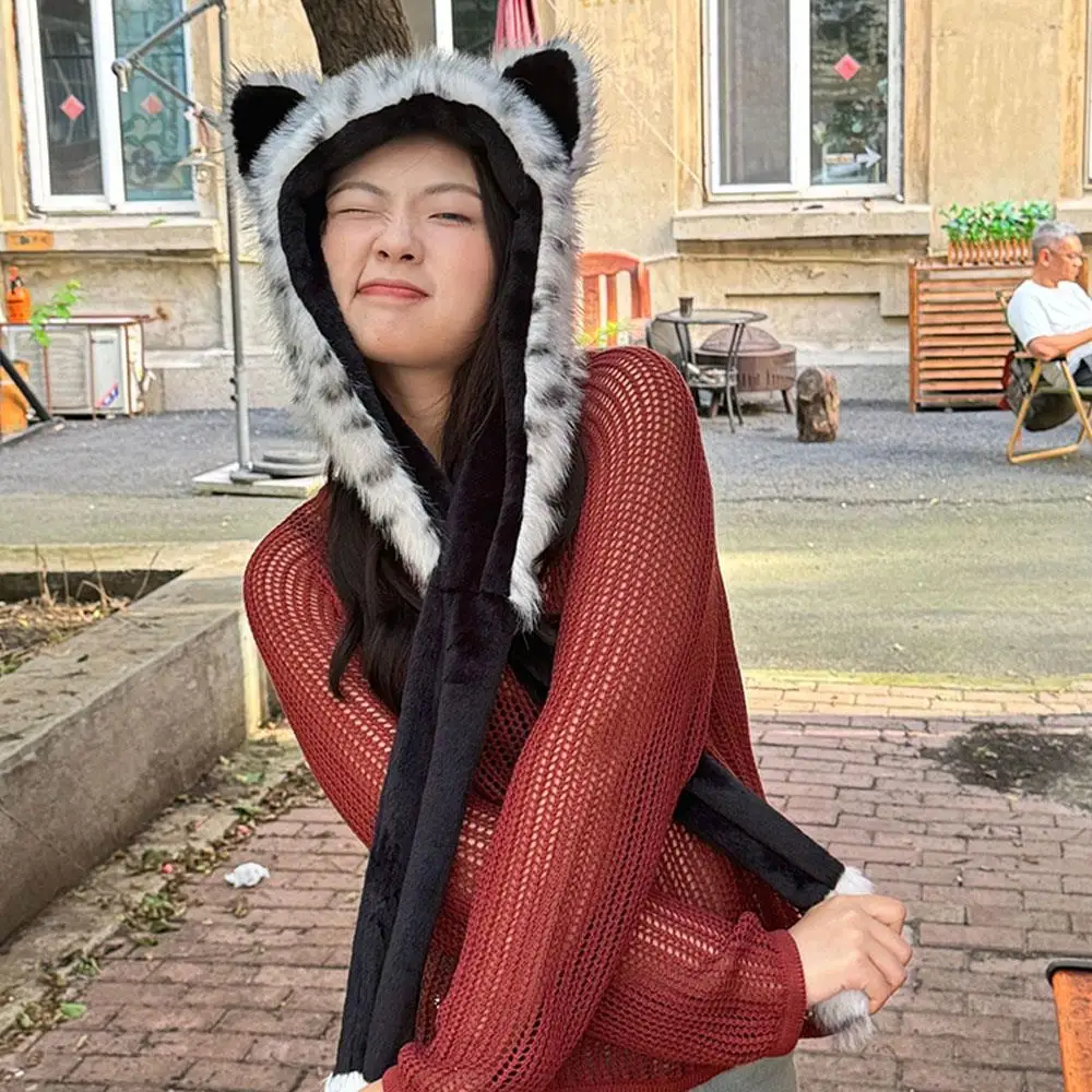 ハロウィンぬいぐるみ動物耳付きプルオーバーハット-白黒斑点キツネ耳帽子-冬コスプレコスチューム-防寒暖かい帽子-女性男性用