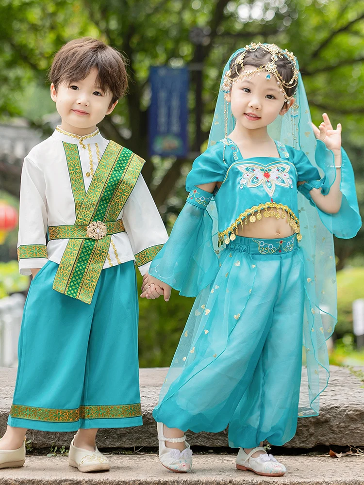 Hanfu ชุดการแสดงพื้นเมืองสำหรับเด็กอนุบาลชุดการแสดงแบบไทยเจ้าหญิงจัสมินชุดกระโปรงชายสำหรับฤดูใบไม้ผลิ