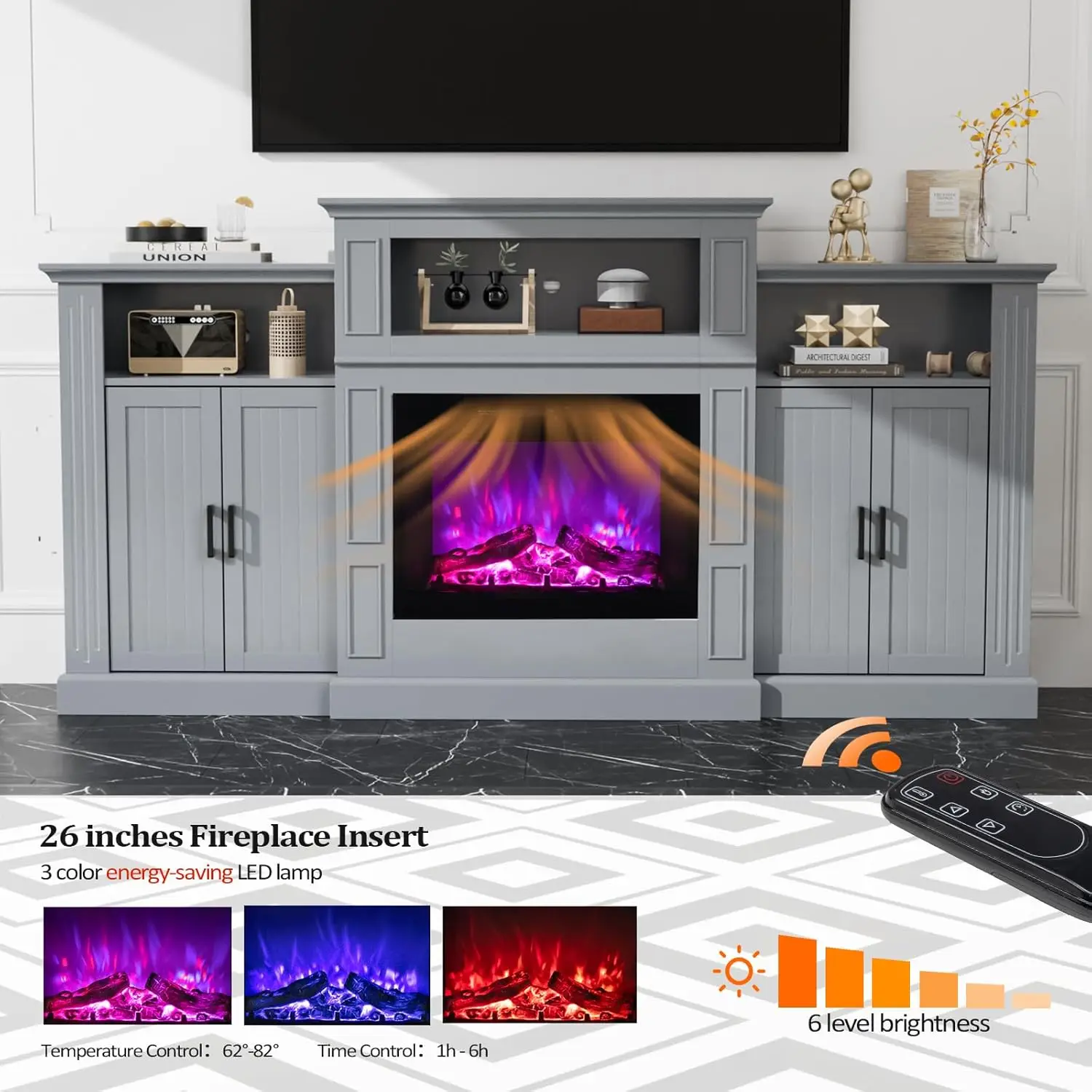 KingVINGLI Electric Fireplace with Mantel, Fireplace TV Stand for TVs Up to 85'', Modern Entertainment Center with Storage