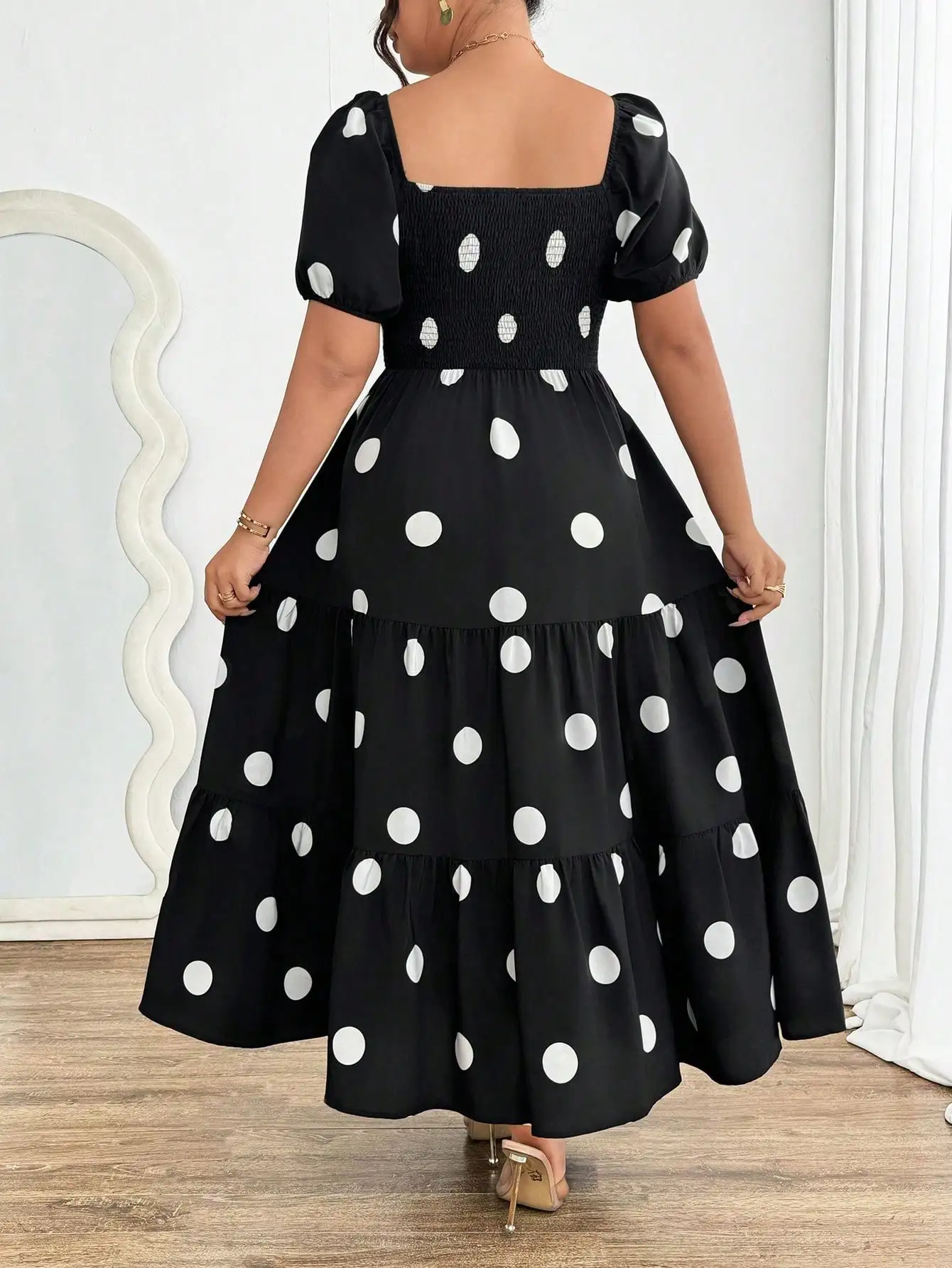Ladies Black Polka Dot Ruffle Sleeve Square Collar Long Dress Elegant A-Line Summer Gown Suitable for Plump Figures view 3