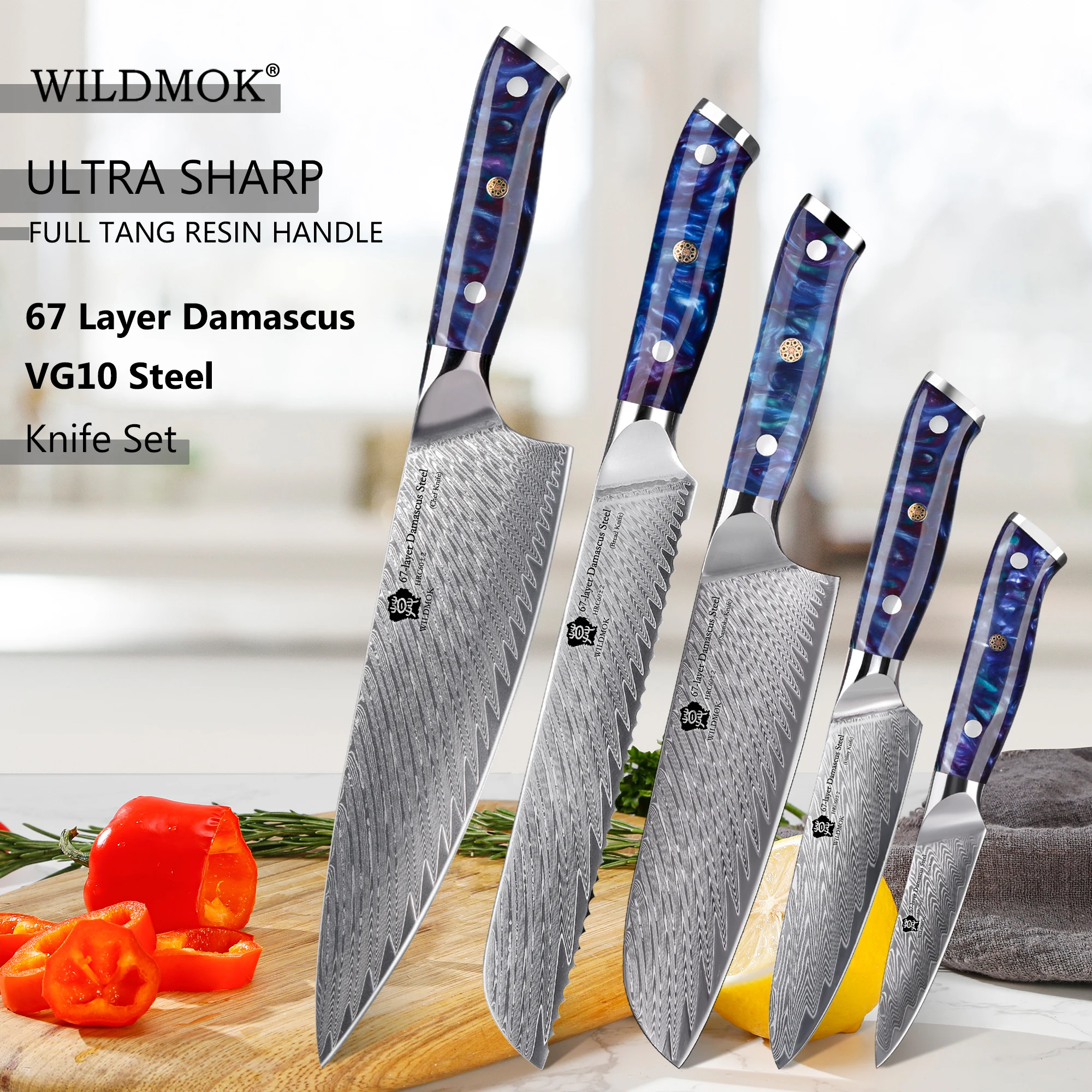 

WILDMOK 67 Layer Damascus VG10 Steel Chef Knife Set 5 pcs,Ergonomic Full Tang Resin Handle with Gift Box