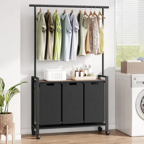 Laundry Sorter With Extendable Hanging Bar Laundry Basket With Wheels And Shelf, Laundry Room Organization And Storage