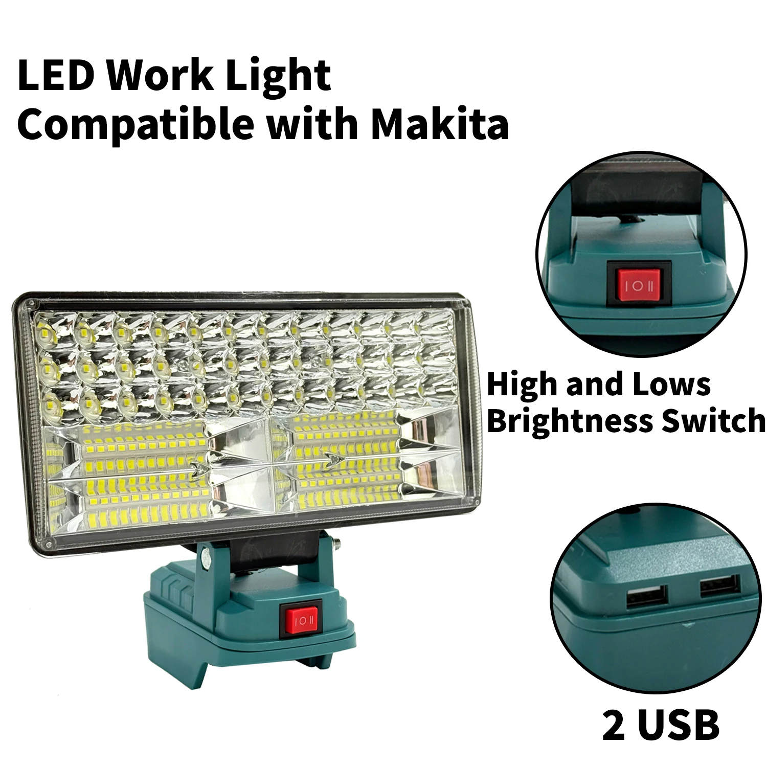 8 inch LED Work Light Compatible with Makita 18 V Battery with 2 USB Charging Port, 145° Adjustable Angle Portable Flood Light