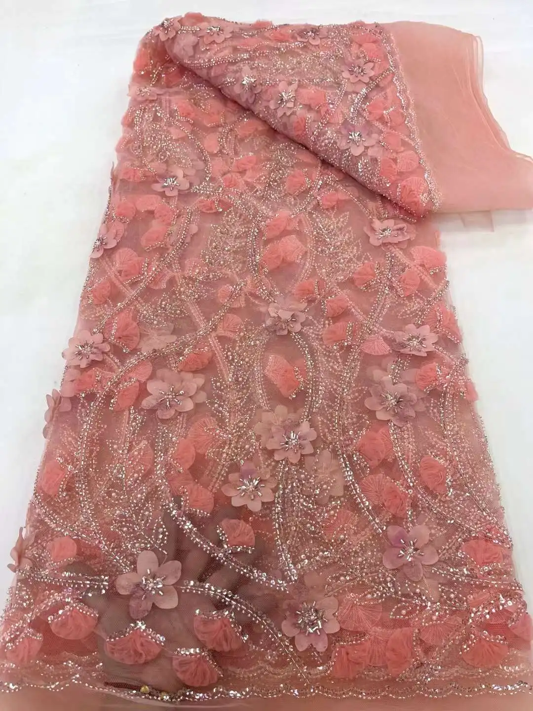 Pink Sequins Lace Fabric 2024 High Quality Groom Embroidery Beaded Nigerian French Tulle Lace Material for Wedding Dress