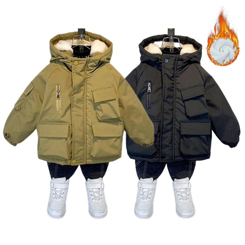 

Boys Plus Velvet Coats Children Winter Hooded Jakets Kids Thicken Warm Down Outerwear Teenager Padded Parkas Clothing 3-12Y