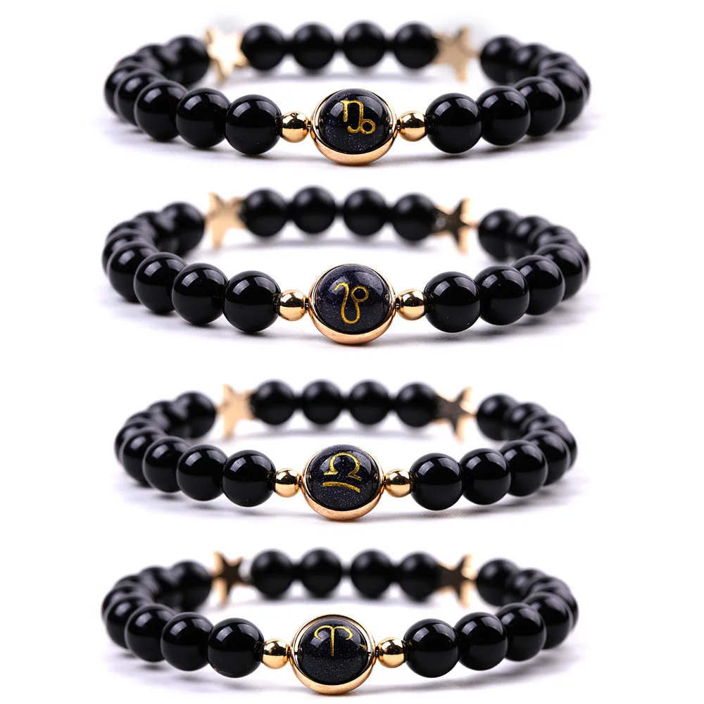 12pcs Constellation Sign Birth Bead Bracelet Golden Star Charms Black Beads Friendship Bracelet Jewelry for Women Men