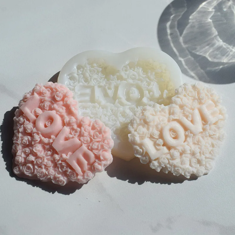 Molde de silicona con forma de corazón rosa para jabón, herramienta de fabricación de yeso, vela de flor de amor, molde de hielo de Chocolate,